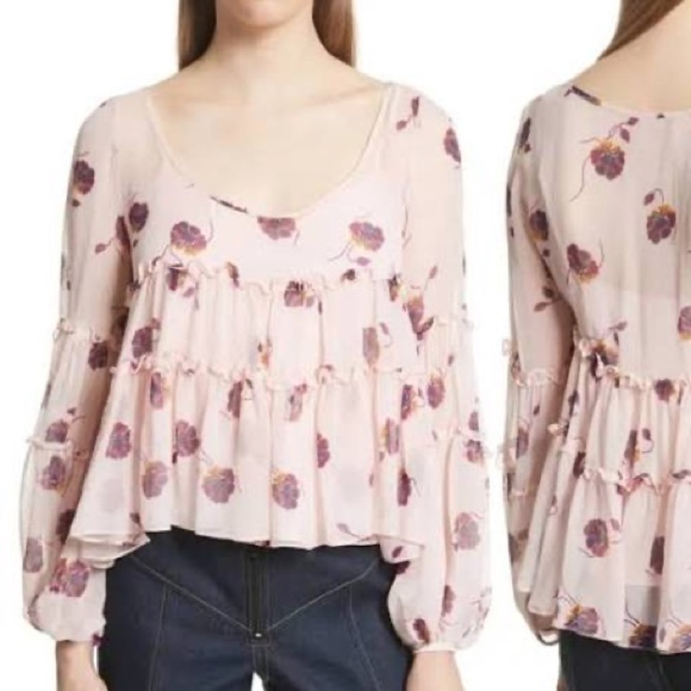 Cinq A Sept Womens Pink Floral Tumbling Jasmine Ruffle Tiered Blouse
